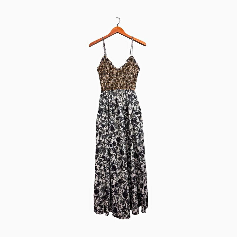 Free People Boho Whimsical Floral Woven Sweetheart Smocked Ruffle Maxi Dress S